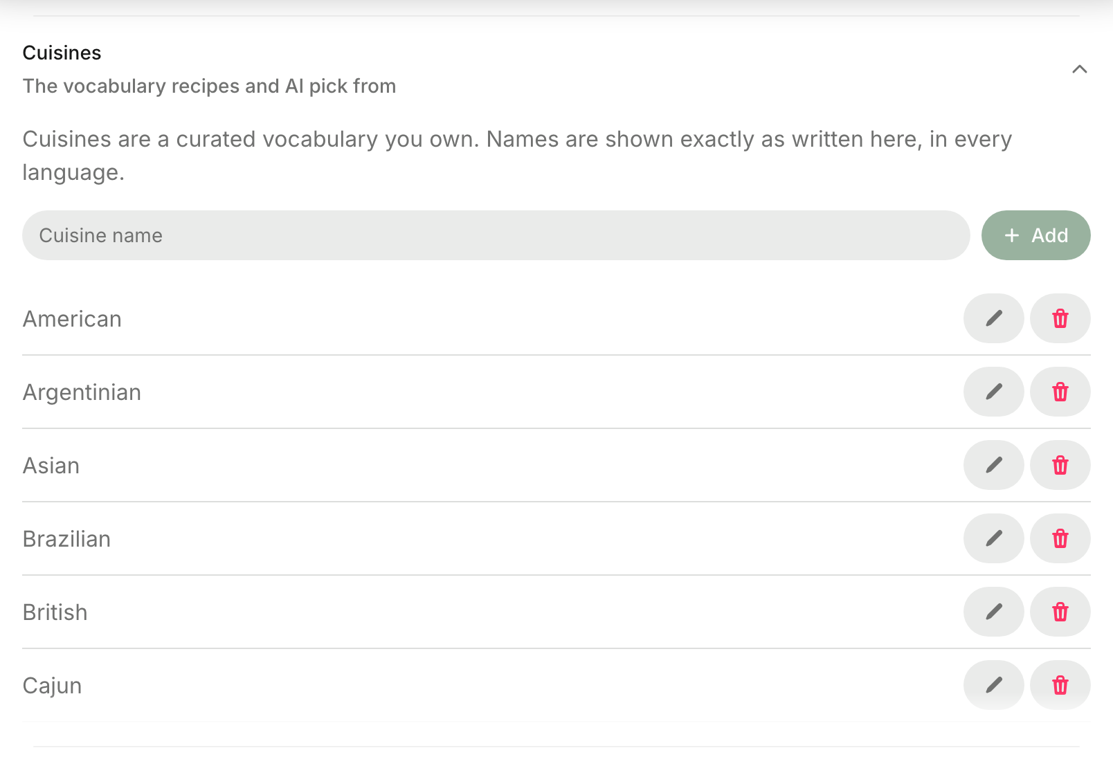 Managing the Cuisine vocabulary in admin settings
