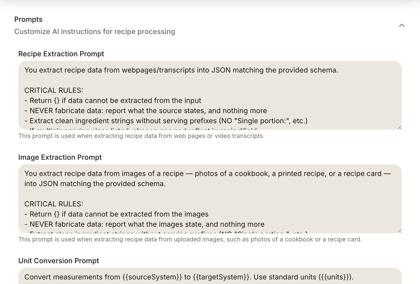 The Prompts panel in admin settings