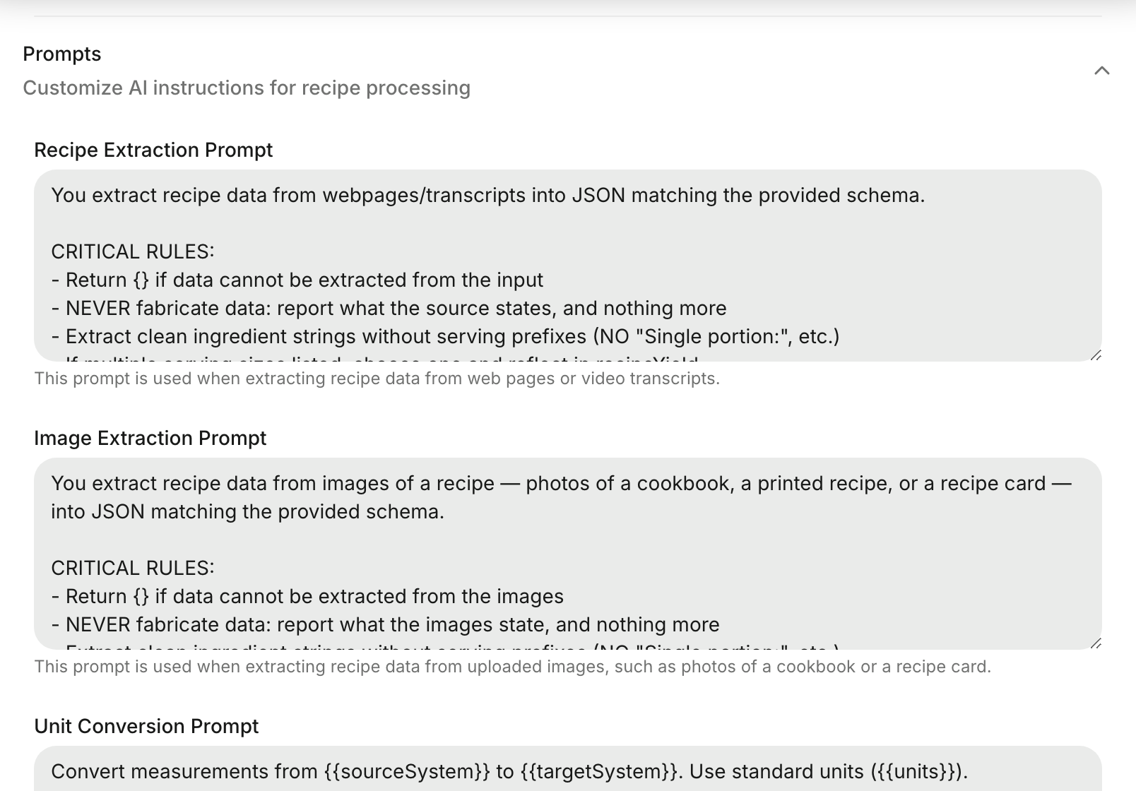 The Prompts panel in admin settings