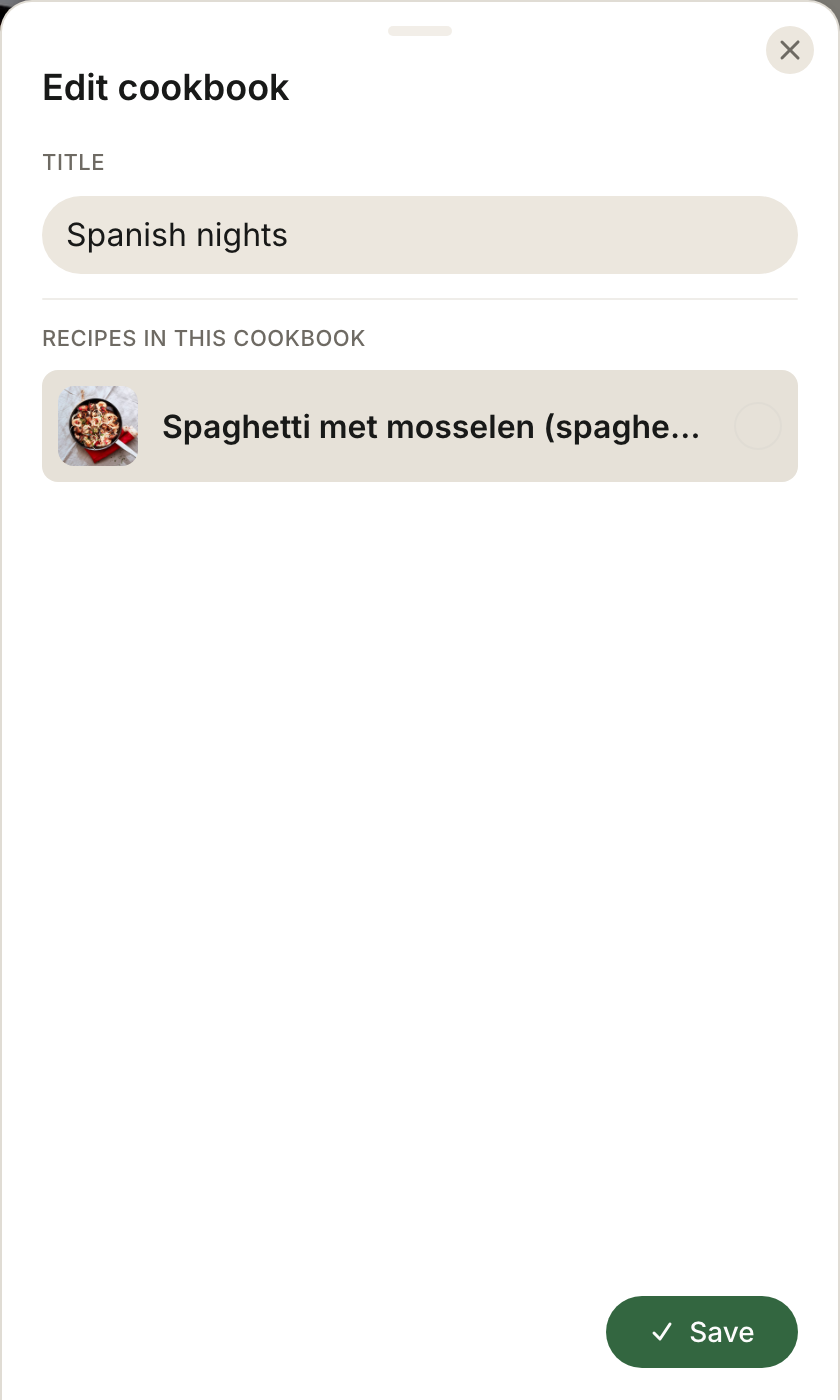Editing a cookbook: its name and what is in it, in one panel