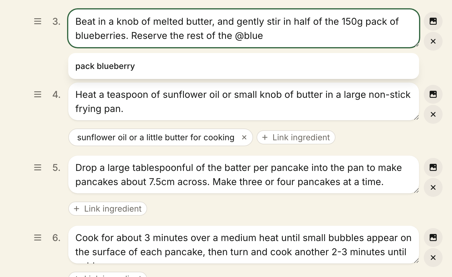 The @ mention autocomplete, with chips beneath the step