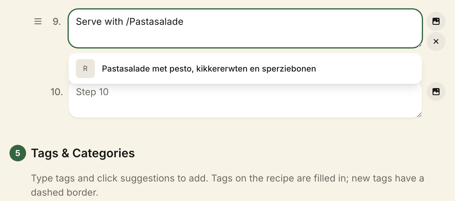 The / recipe autocomplete open over a step