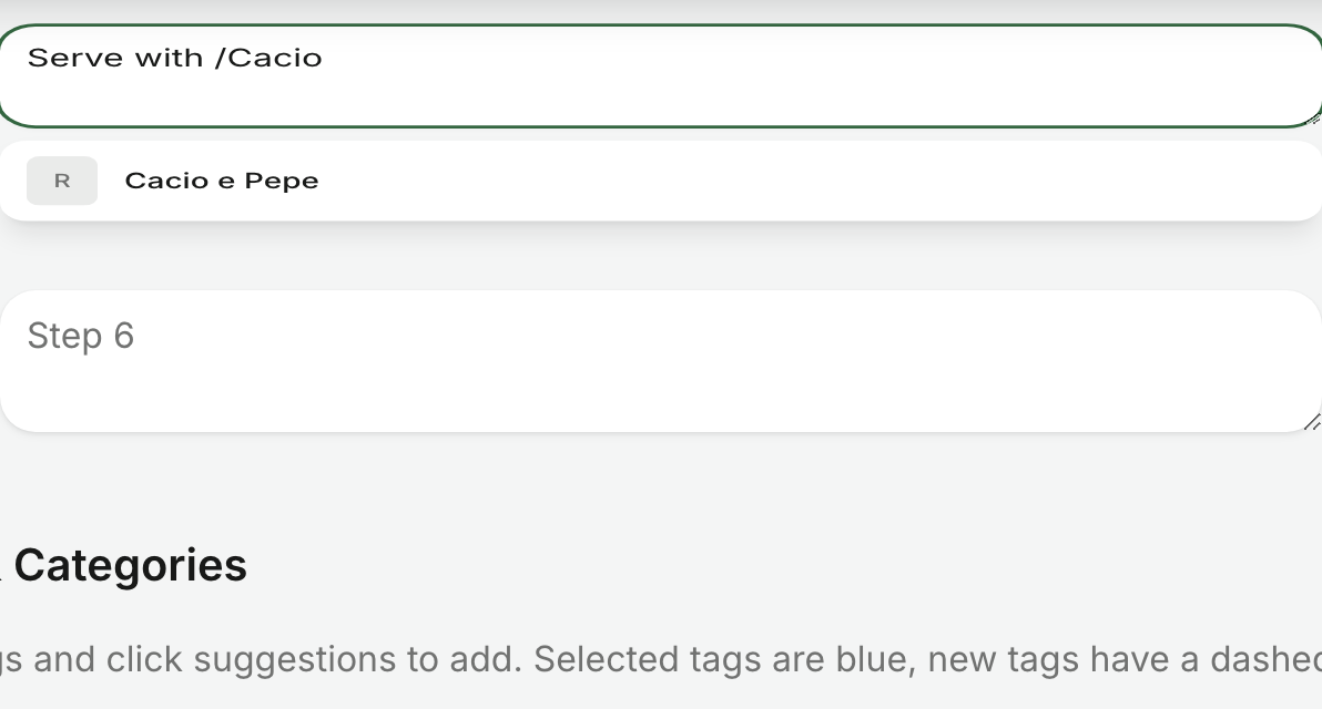 The / recipe autocomplete open over a step