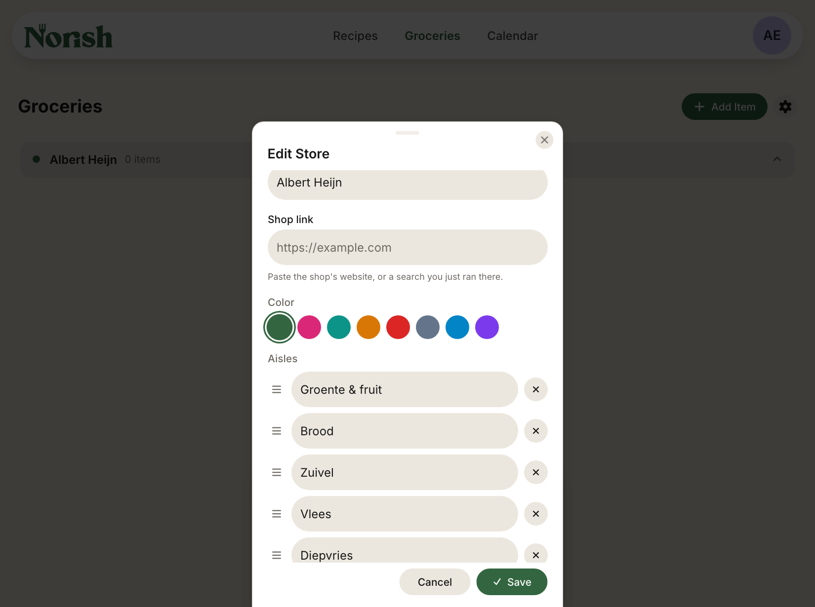 The store editor, with the Store's aisles under the colour picker