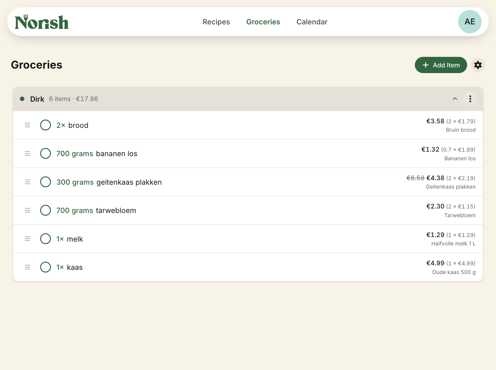 A shopping list with Line Costs on its rows