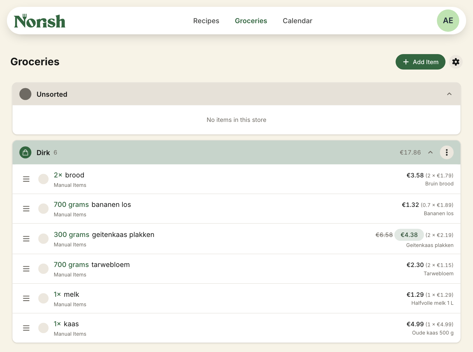 A shopping list with Line Costs on its rows