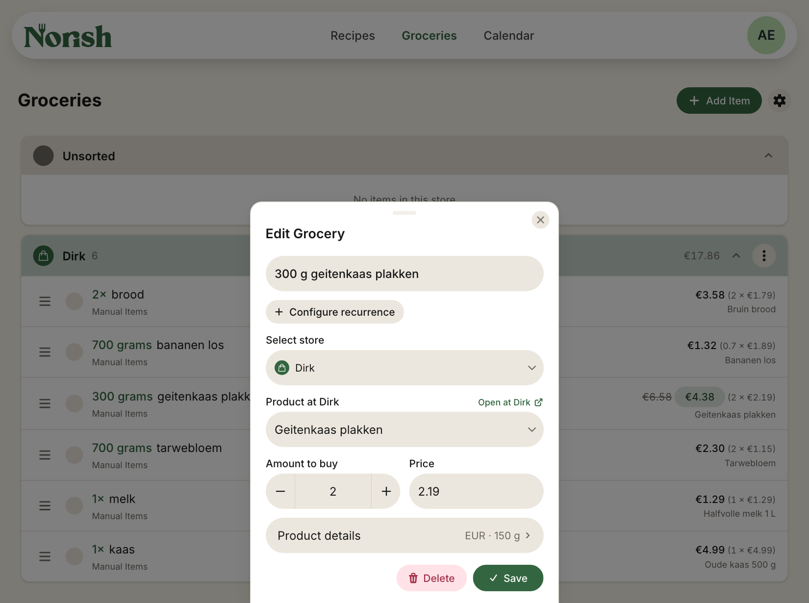 The grocery panel with a quick amount control