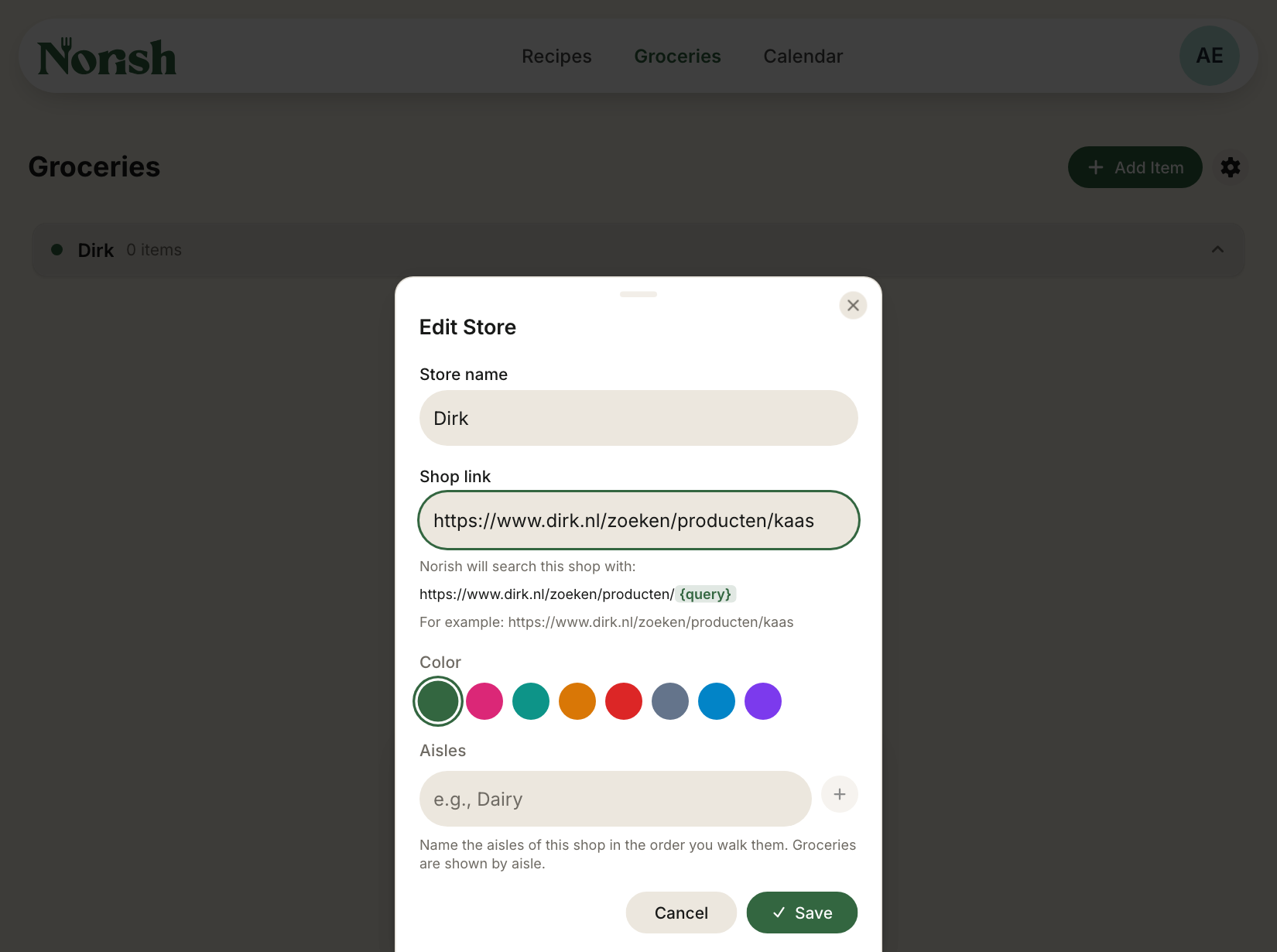 The store form, showing the Search Address derived from a pasted link