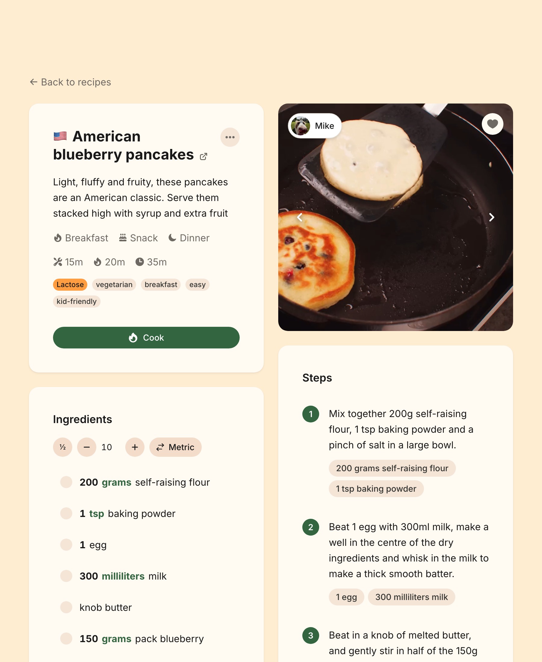 A recipe page with Recipe Provenance, Nutrition Information and notes hidden