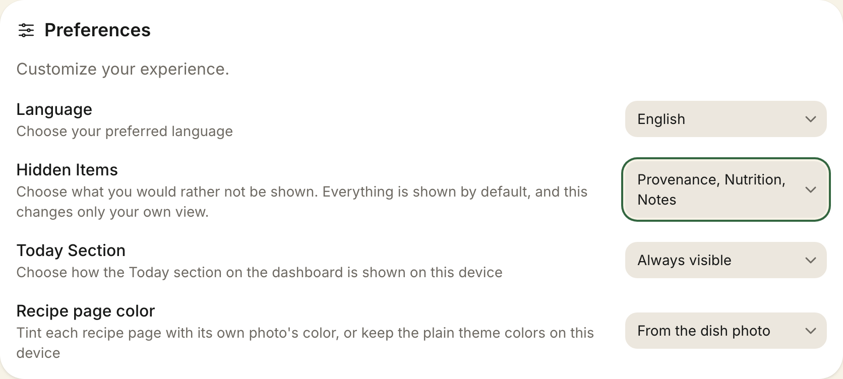 The Hidden Items control in user settings