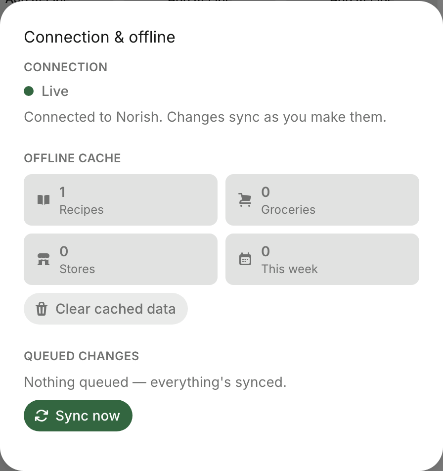 Connection and offline status in Norish