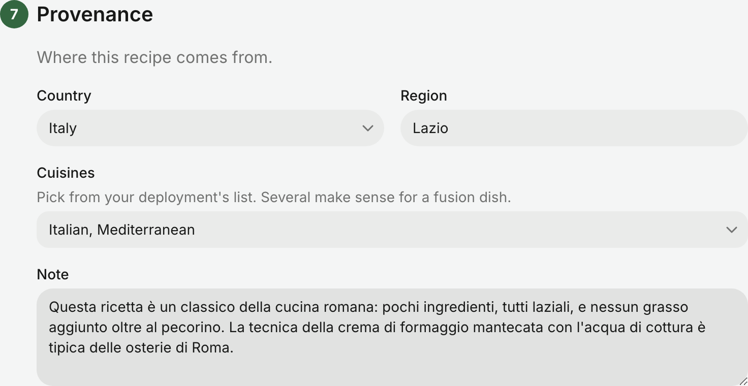Editing recipe provenance in the recipe form
