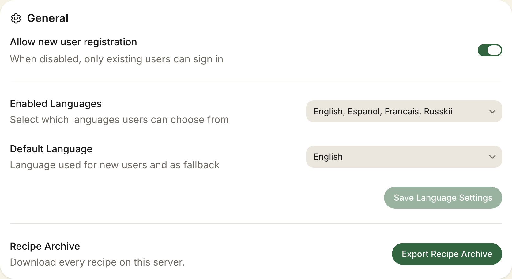 The instance-wide export in admin settings