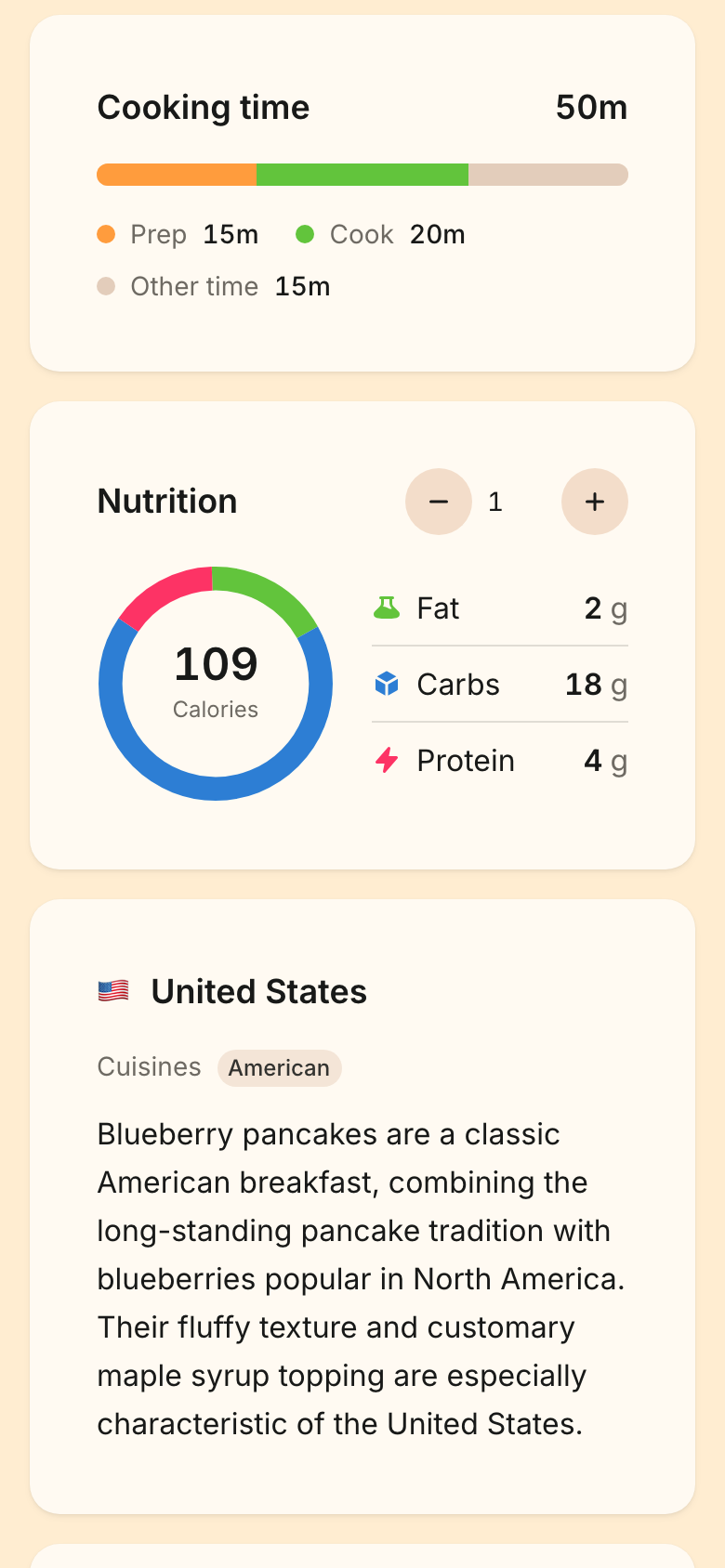 The Cooking time card with an Other Time segment, above the Nutrition ring