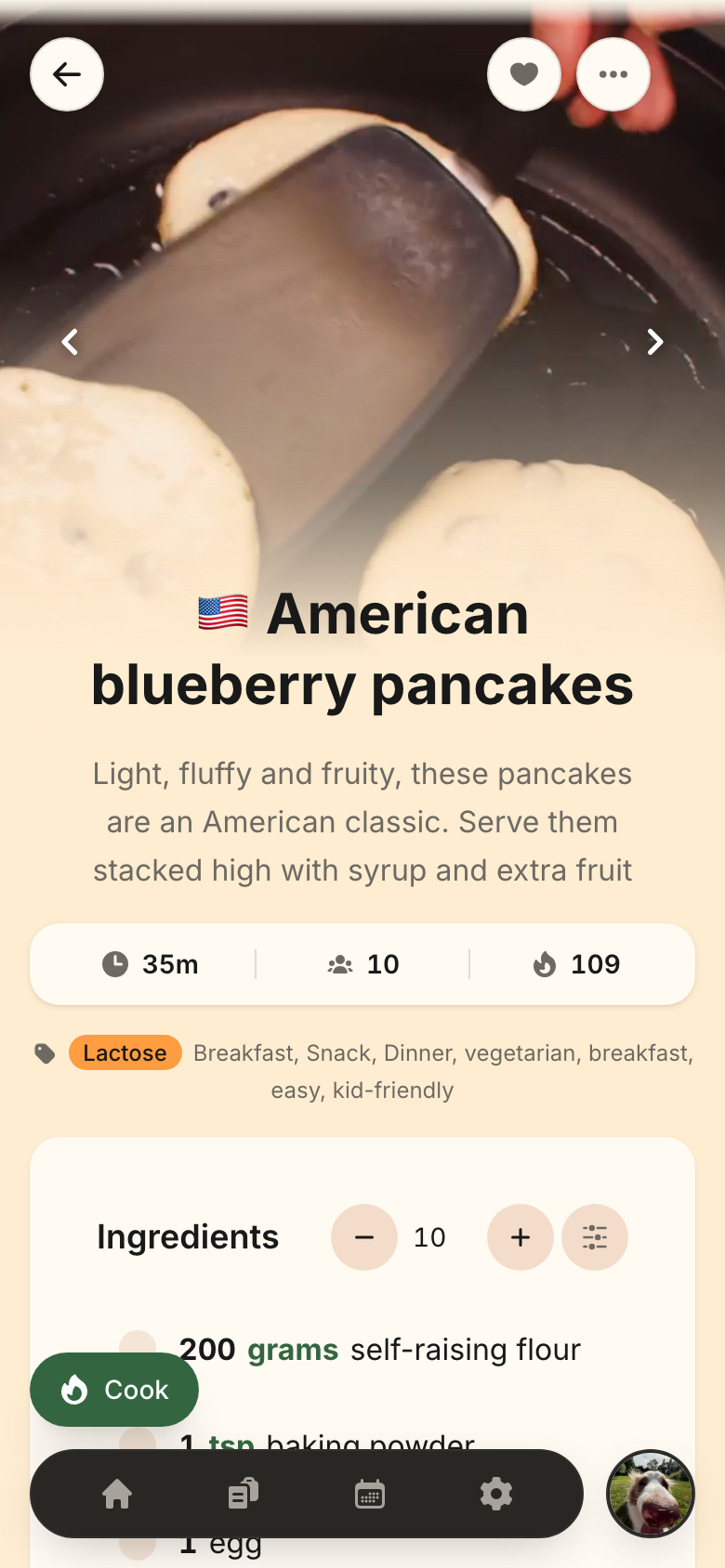 A recipe page on a phone, tinted by its own photo, with the Glance Bar under the title