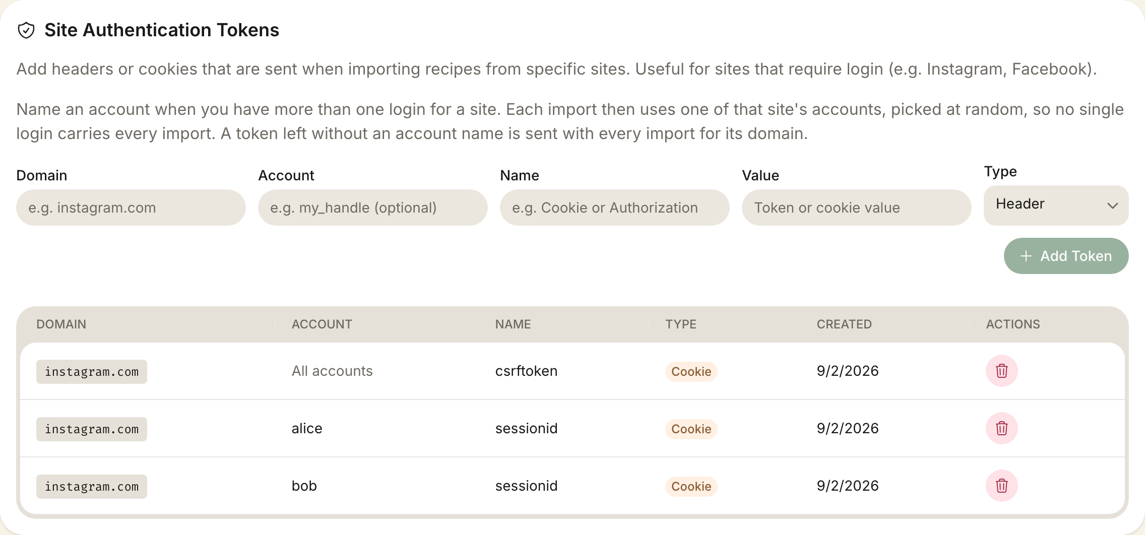 The Site Authentication Tokens card under Settings => User