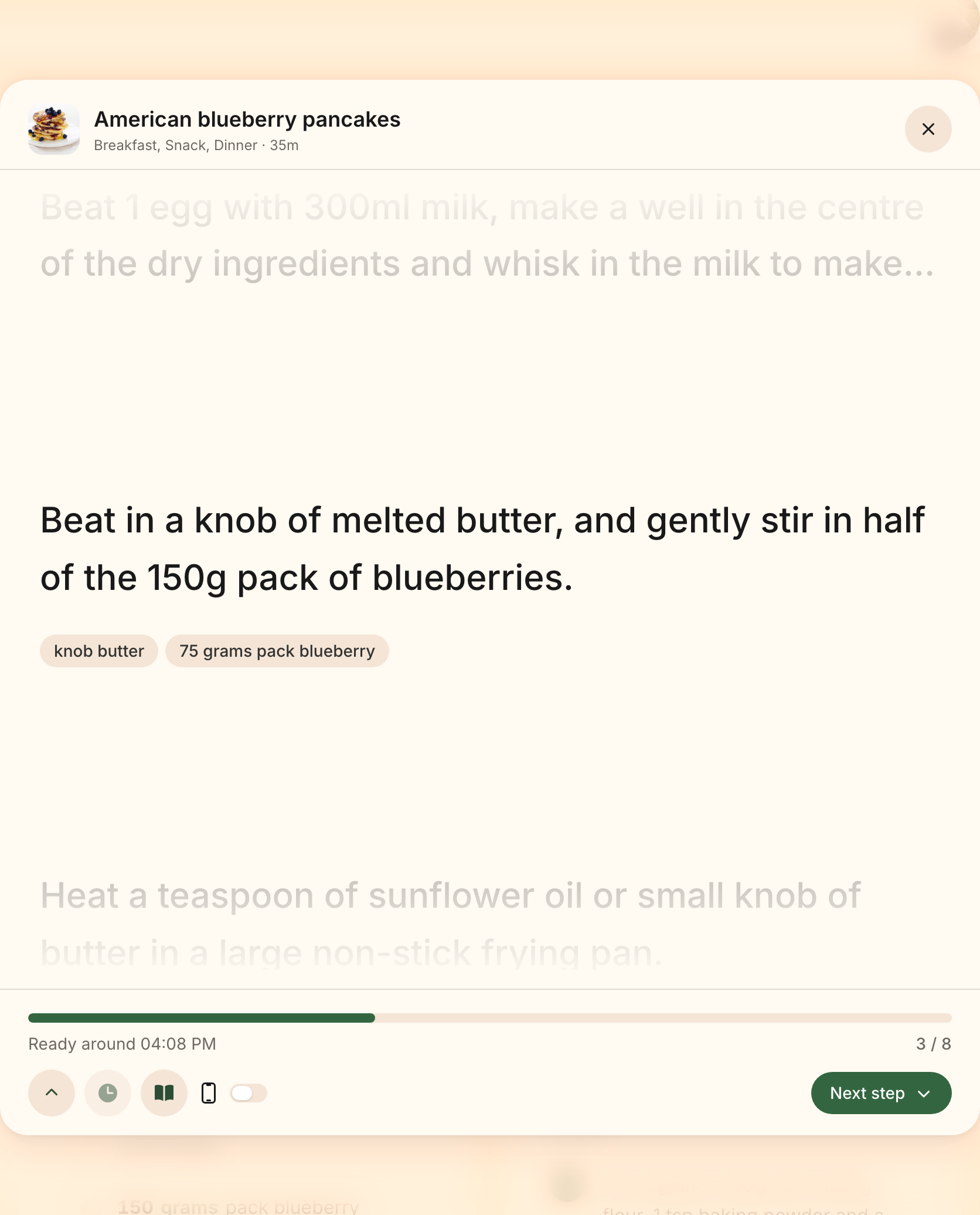 Cooking mode showing a step's ingredients