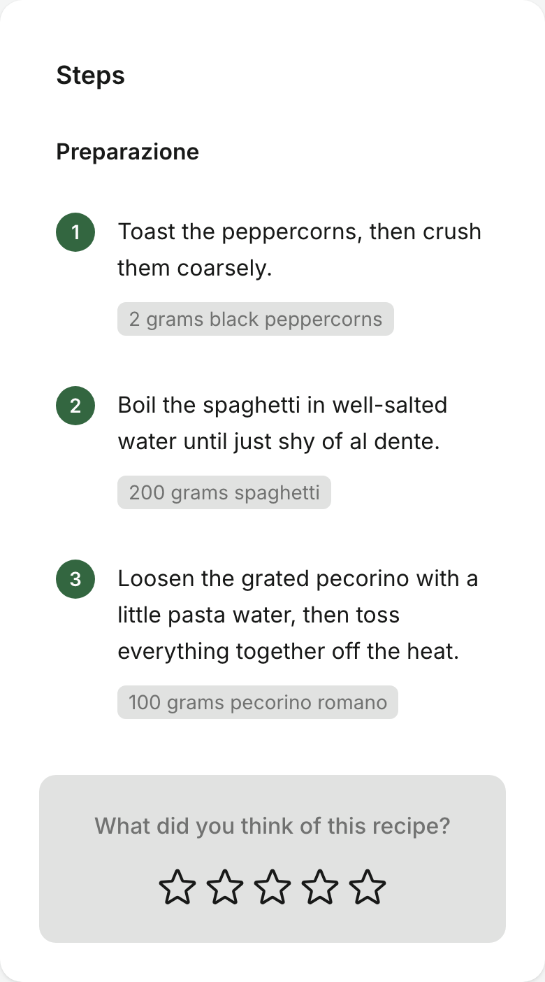 Amounts under a step on the recipe page